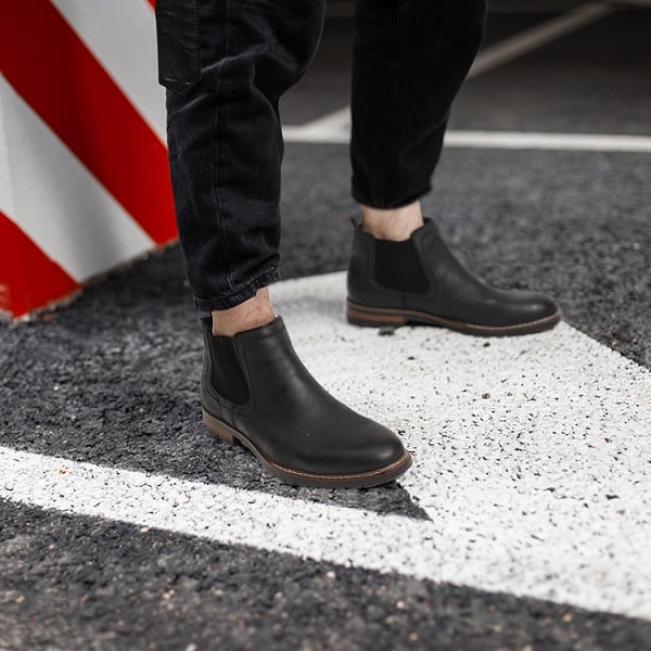 Black Leather Chelsea Boots with Olive Pants Smart Casual Fall